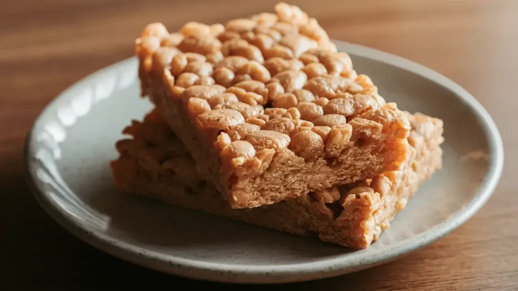 A close-up photo of a golden Rice Krispies Protein Bar on a simple ceramic plate, highlighting its crisp texture and clean rectangular edges. The bar’s airy, crunchy layers are clearly visible, illuminated by soft warm lighting that enhances its homemade, wholesome appeal.