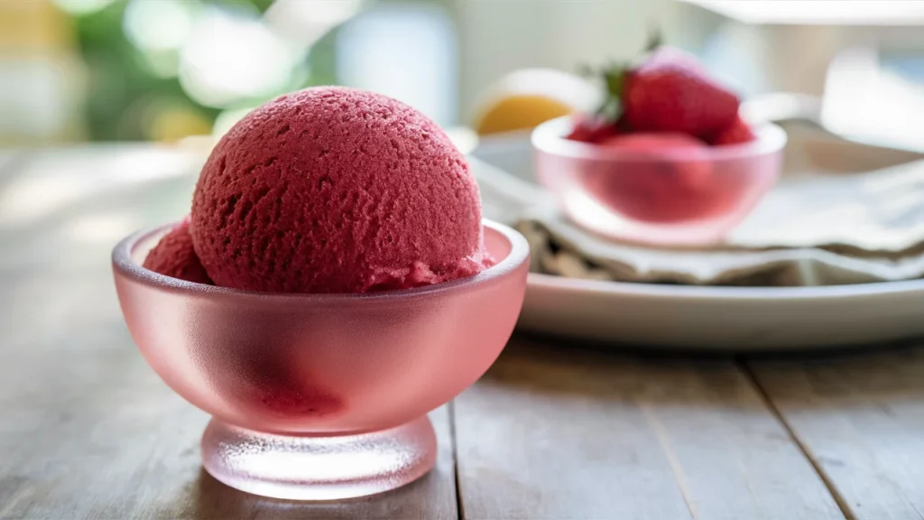 A close-up of a single scoop of deep red strawberry sorbet in a small, frosted glass bowl. The sorbet looks smooth, velvety, and glossy, with natural summer light highlighting its rich color.