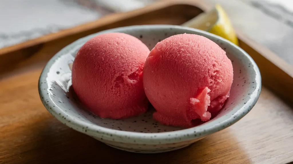 Close-up photo of two scoops of vibrant watermelon sorbet served in a rustic speckled ceramic bowl. The handmade bowl’s glazed surface reflects soft light, highlighting the texture of the sorbet.