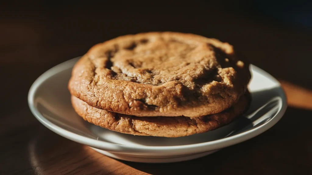 Close-up of a golden-brown banana peanut butter protein cookie on a white plate, shot in warm natural light.