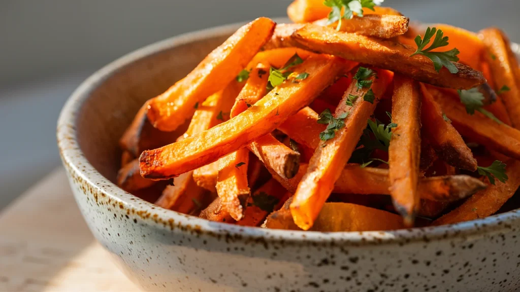 A closeup angled shot of a speckled stoneware bowl brimming with golden sweet potato fries. The fries are crispy, well-seasoned, and lightly sprinkled with fresh parsley.