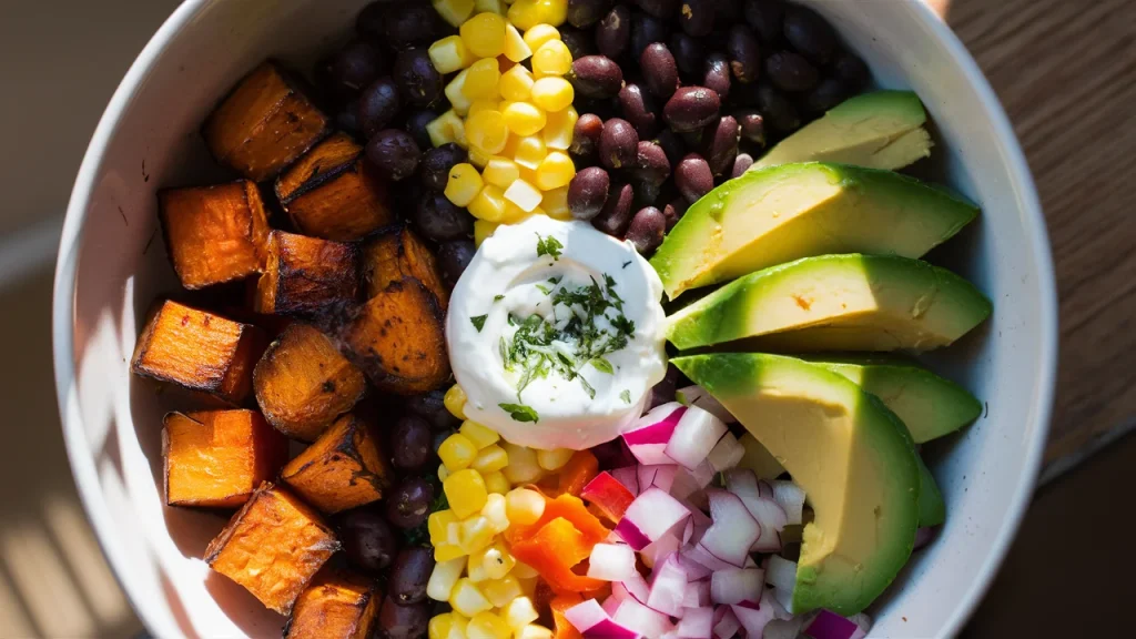 An overhead close-up of a healthy vegetarian sweet potato taco bowl featuring roasted sweet potato cubes, black beans, corn, creamy avocado slices, and a dollop of Greek yogurt topped with fresh herbs.