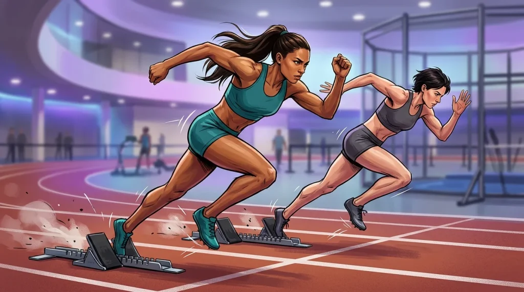 Digital illustration of two sprinters exploding from starting blocks on a track, showing aggressive forward lean, knee drive, and determined facial expressions