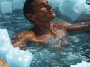 Athlete in wooden icebath filled with ice and cold-min